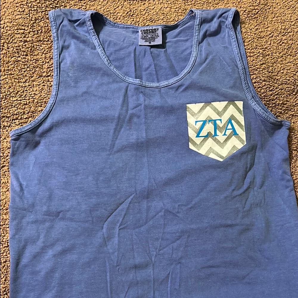 Comfort Colors Blue Tank Top with ZTA Chevron look like Pocket